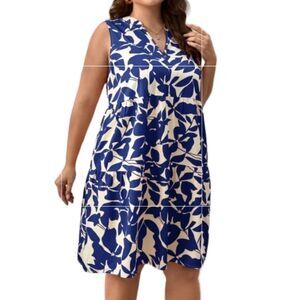 Allover Print Notched Neckline Ruffle Hem Smock Dress Size Sm…